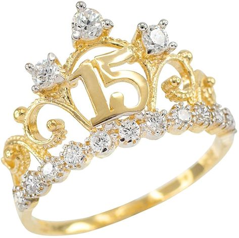 PRICES MAY VARY. FIT FOR A PRINCESS - This stunning 10KT yellow gold quinceanera ring is the perfect way to celebrate the young woman who will always be your princess. The CZ studded open tiara is emblazoned with the number 15 at the heart of the crown accented by gems. This royal tribute is the perfect way to celebrate her special cumpleanos. This gift will remind her that no matter how grown up she is, she will always be your princess. DAZZLING SPARKLE - This gorgeous solid 10KT yellow gold je Quinceanera Jewelry, Quinceanera Crown, Rose Gold Crown, Black Hills Gold Jewelry, Princess Ring, Sweet 15, Black Hills Gold, Crown Ring, Morganite Engagement