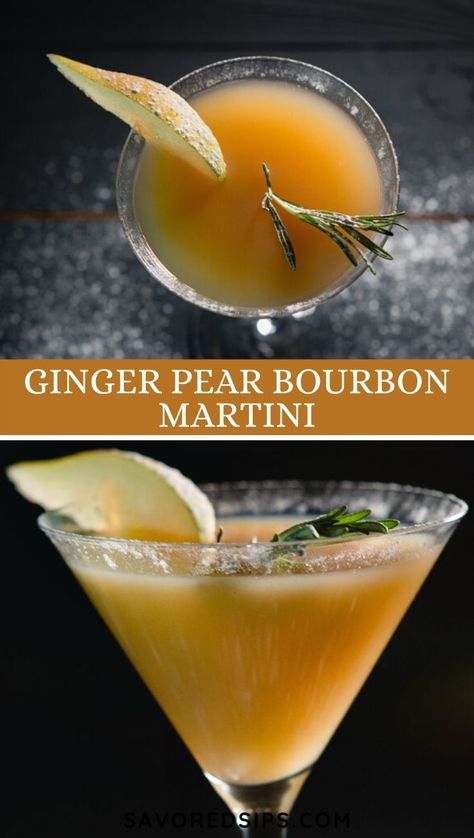 Ginger Pear Martini, Clue Inspired Cocktails, Pear Nectar Recipe, Fig Old Fashioned Cocktail, Fall Food Party, Bourbon Martini, Fall Martini, Pear Cocktail, Pear Nectar