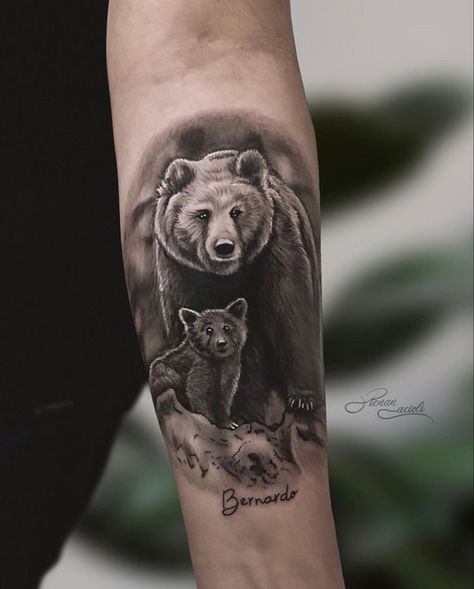 Bear With Cubs Tattoo, Bear And Cub Tattoo, Momma Bear Tattoo, Tattoo Coverups, Grizzly Bear Tattoos, Bird Tattoo Sleeves, Cubs Tattoo, Bear Tattoo Designs, Inner Forearm Tattoo