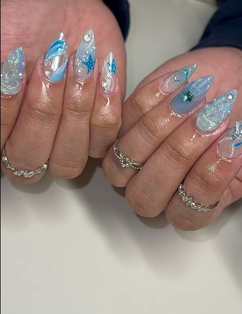 Green Floral Nails, Wow Nails, Summery Nails, Cute Acrylic Nail Designs, Mermaid Nails, Ombre Nail Designs, Pretty Gel Nails, Almond Nails Designs, Really Cute Nails