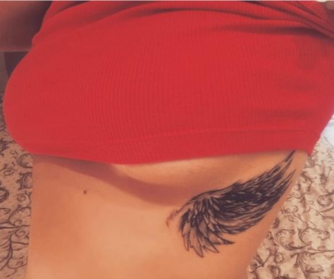 Rib Angel Tattoo, Angel Wing Tattoo On Ribs, Rib Wing Tattoo, Women Side Rib Tattoo, Wings On Ribs Tattoo, Coverup Tattoo Ideas Ribs, Collarbone Wing Tattoo, Angel Wing Rib Tattoo, Feminine Wing Tattoo