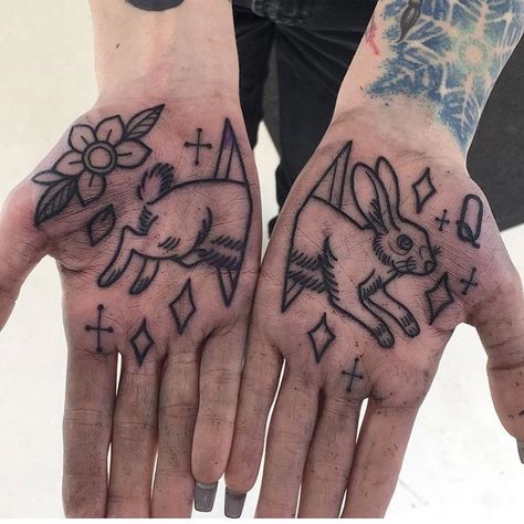 Hand Palm Tattoos, People With Tattoos, Palm Tattoo, Rabbit Tattoo, Palm Tattoos, Bunny Tattoos, Magic Tattoo, Rabbit Tattoos, Poke Tattoo