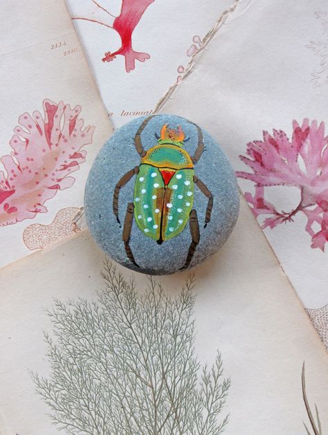 insect painted stone Green Beetle, Insect Art, Sticks And Stones, Pet Rocks, Pebble Painting, Bugs And Insects, Rock Crafts, Love Painting, A Rock