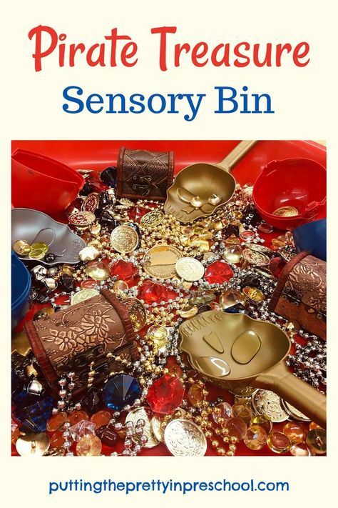 A pirate treasure sensory bin your little mateys will love. A low maintenance bin to inspire creativity and imaginative play. Pirate Themed Sensory Bin, Pirate Sensory Bin, Pirate Sensory Bottle, Preschool Treasure Map, Pirate Crafts Preschool, Pirate Provocation, Treasure Gold, Cousin Camp, Pirate Activities