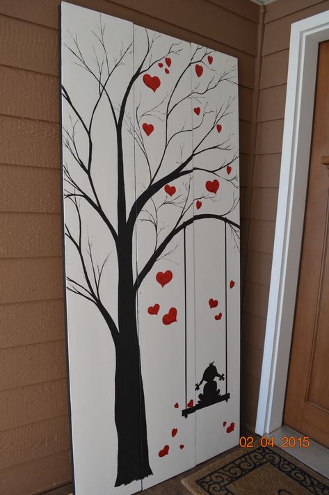 February, Valentine's Day, front porch panels/signs, repurposed hollow core closet doors Valentine Pallet Ideas, Valentine Porch Signs, Valentines Welcome Porch Sign, Valentines Day Wood Signs Front Door, Valentine’s Day Porch Leaner, Valentine’s Day Wooden Signs, Heart Shaped Wreaths, Valentine Tree, Diy Valentine's Day Decorations