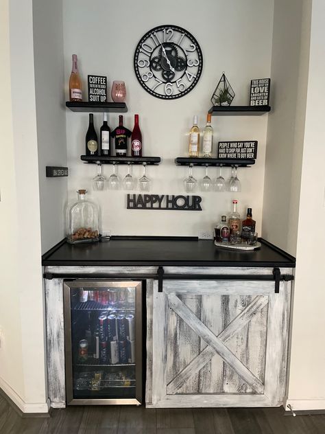 Farmhouse Bar Decor Ideas, Modern Farmhouse Drybar, Mini Bar In Living Room Ideas, Snack Bar With Floating Shelves, Bar Decoration Ideas For Home, Small Liquor Bar Ideas For Home, Bar Idea For Small Spaces, Mini Coffee Bar Ideas Small Spaces, Bar On Wall Ideas