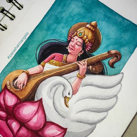 Saraswati Watercolor Painting, Ma Laxmi Drawing, Hindu God Painting Easy, Ma Saraswati Drawing, Laxmi Drawing Easy, Saraswati Goddess Paintings Easy, Swarasati Maa Drawing, Sarswati Maa Drawing Easy, Sarswati Maa Drawings