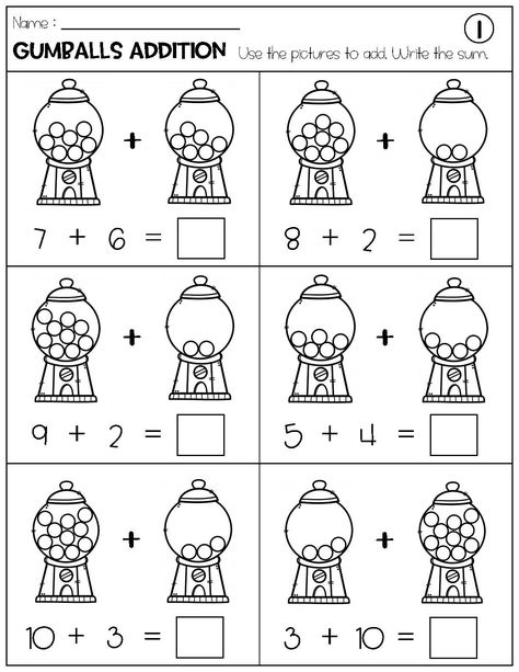 Addition with Pictures Sum up to 20 Worksheets - Adding Gumballs Pictures Math Worksheets Printable Addition With Pictures, Adding Worksheets, Number Sentences, Addition Kindergarten, Math Addition Worksheets, 1st Grade Math Worksheets, Addition Worksheets, Preschool Writing, Learning Worksheets