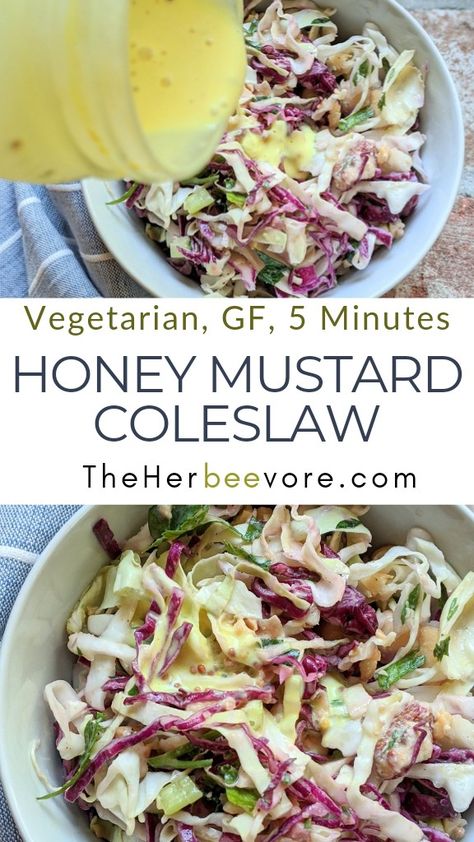 I love adding raw honey to all kinds of sweet and savory dishes.   This honey mustard coleslaw is tangy and delicious, and the bright honey mustard dressing gives an incredible flavor to the dish!

honey mustard coleslaw recipe vegetarian gluten free plant based raw honey dressing for cabbage salad cole slaw

This Honey Mustard Coleslaw Recipe Is:
Sweet
Creamy
Tangy
Savory
Loaded with fresh vegetables and nuts
Vegetarian and gluten free, and very easy to make vegan.
coleslaw with honey mustard Mustard Slaw Recipe, Mustard Coleslaw Recipe, Honey Mustard Coleslaw, Mustard Coleslaw, Raw Honey Recipes, Drink Inspiration, Food Blogging, Honey Mustard Dressing, Potluck Dishes