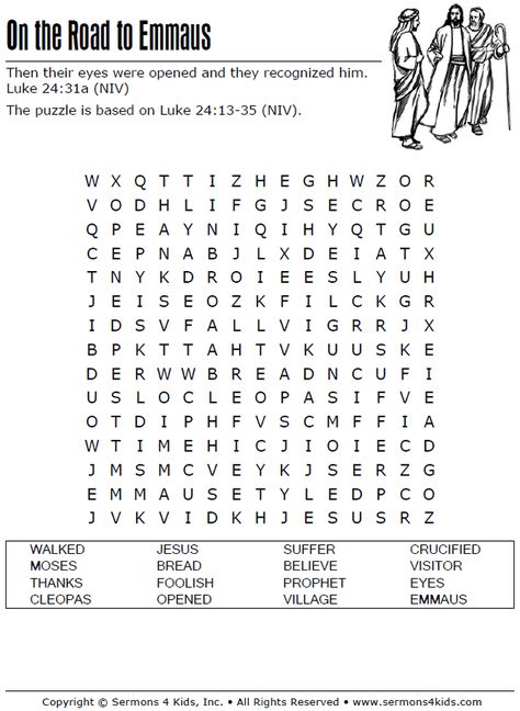 The Road to Emmaus - Word Search Puzzle Paul On The Road To Damascus Craft, The Road To Emmaus Craft Sunday School, Jesus Ascension Lesson For Kids, Road To Emmaus Activity, Road To Emmaus Sunday School, Road To Emmaus Craft, Parable Of The Fig Tree, Road To Emmaus Art, The Road To Emmaus