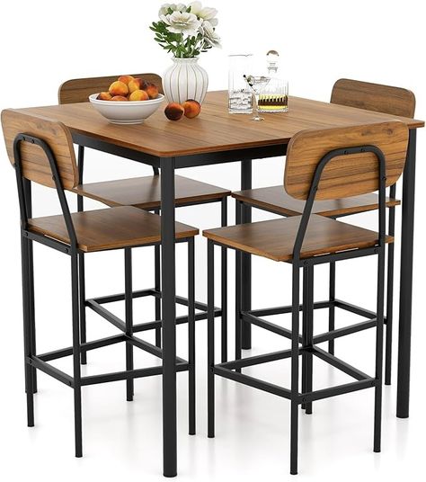 Amazon.com - Giantex 5-Piece Dining Table Set W/Counter Height Table & 4 Bar Stools, Industrial Kitchen Dining Table Set W/Footrest & Backrest, Space-Saving Dinette Set for Pub, Dining Room, Restaurant (Walnut) - Table & Chair Sets Industrial Dining Room Table, Dining Tablescapes, Square Kitchen Tables, Counter Height Dining Table Set, Modern Bar Table, Dining Room Industrial, Square Kitchen, Industrial Dining Table, Bar Table Sets