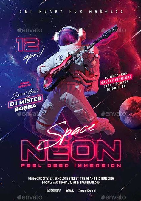 Neon Poster Ideas, Space Flyer Design, Neon Party Design, Neon Space Party, Neon Flyer Design, Neon Poster Design Graphics, Neon Light Graphic Design, Space Graphic Design Poster, Party Posters Design