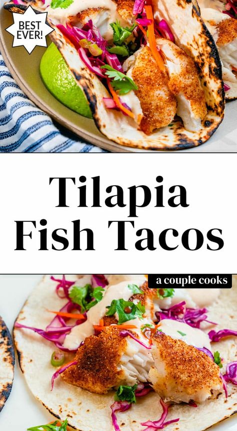 These tilapia fish tacos are a flavor-filled fast and easy dinner. Bake or broil the fish, then add sauce and slaw. A total crowd pleaser! #tilapia #fishtacos #fish #tacos #tilapiatacos #easytacos Fish Taco Dressing Recipe, Fish Taco Dressing, Taco Dressing Recipe, Taco Dressing, Tilapia Fish Tacos, Baked Fish Tacos, Fish Tacos Tilapia, Slaw For Fish Tacos, Fast And Easy Dinner