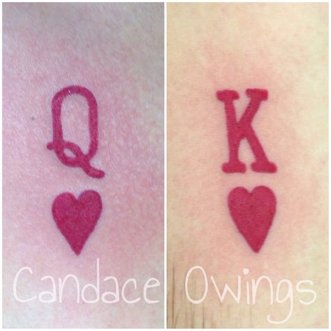 Two tattoos I did of a king of hearts and a queen of hearts symbol letter off of playing cards Q Tattoo Letter Heart, Q Tattoo Letter, Q Tattoo, King Of Hearts Tattoo, Heart Tat, Queen Of Hearts Tattoo, Interesting Tattoos, Hearts Tattoo, Hidden Tattoos