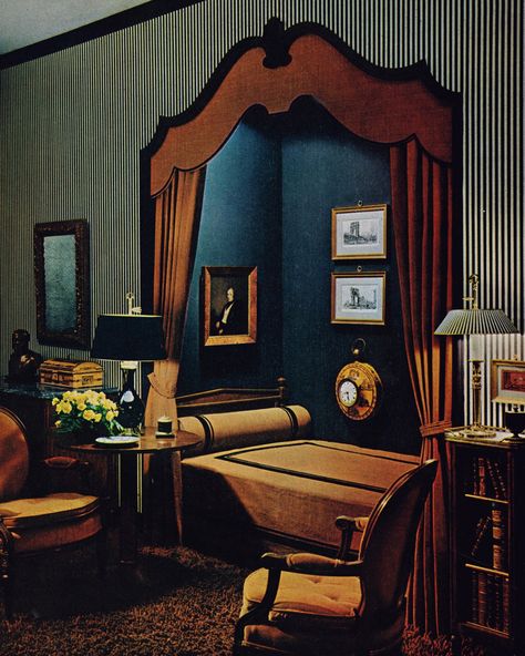 Navy Apartment, Bedroom Alcove, Alcove Bed, Bed Nook, Built In Bed, Striped Walls, Apartment Bedroom, Gorgeous Bedrooms, Maximalist Decor