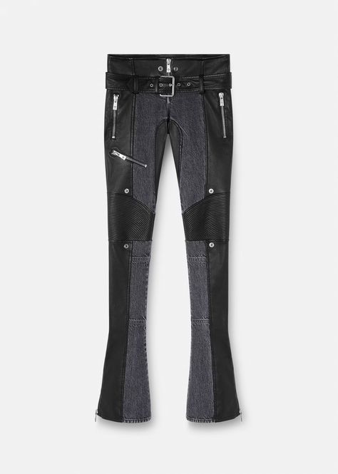 Versace Women's Denim Leather Trousers in Black | Versace GB High Fashion Clothing, Versace Leather, Luxury Clothes Men, Versace Home, High Fashion Outfits, Leather Denim, Flare Trousers, Leather Trousers, Luxury Outfits