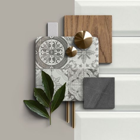 Wood Colour Palette, Grey Matt Tiles, Tile Mood Board, Grey Tile Pattern, White Brick Tiles, Materials Board, Materials Board Interior Design, Mood Board Interior, Rectangle Tiles