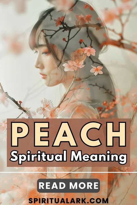 at the top of this post is a photo semi-transparent photo of a beautiful Asian woman and the background is a photo of a tree with peach-colored flowers, at the middle of this post is the title that says, "peach, spiritual meaning", below the title is a button which contains the words "read more", and at the bottom of this post is the website source which is "SpiritualArk.com" Color Meanings Spiritual, Peach Spiritual Meaning, Pink Spiritual Meaning, Meaning Of Colors Spiritual, Pearls Spiritual Meaning, Yellow Spiritual Meaning, Aura Colors Meaning, Energy Healing Reiki, Aura Colors