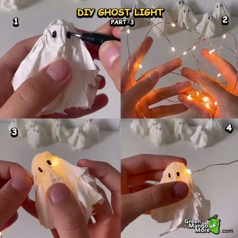 DIY: How to Make Little Ghost Lights For Halloween Decoration Ghost Lights Diy, Halloween Steam Activities, Steam Projects For Kids, How To Make Ghosts, Fairy Lights Diy, Happy Halloween Gif, Diy Halloween Ghosts, Flying Ghost, Diy String Lights