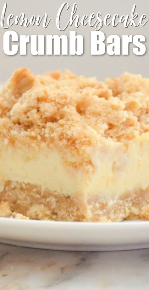 A picture of Lemon Cheesecake Crumb Bars with white text at the top Lemon Cheesecake Crumb Bars. Creamy Lemon Cheesecake Crumb Bars, Dessert Recipes With Lemon, Lemon Cheesecake Squares, Not So Sweet Desserts, Easy Squares Recipe, Lemon Bars With Cream Cheese, Easy Lemon Recipes, Lemon Desserts Recipes, Dessert Recipes Lemon