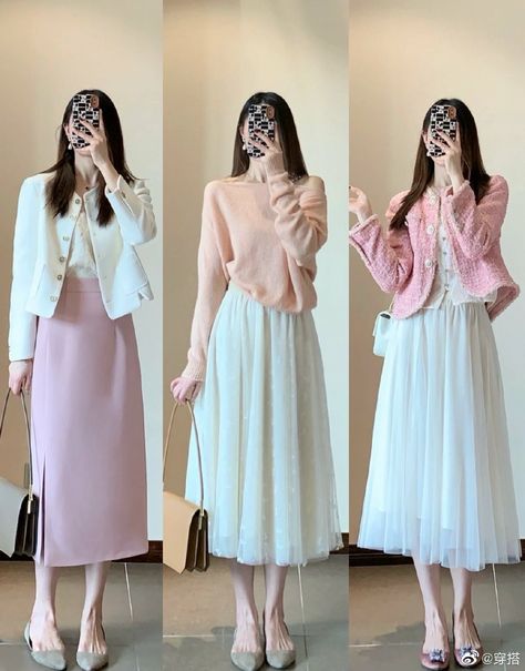 Pink And White Formal Outfit, Long Skirt Outfits Korean, Mix Match Outfits, Korean Outfit Street Styles, Fashion Sketches Dresses, Everyday Fashion Outfits, Korean Fashion Dress, Casual Day Outfits, Stylish Work Outfits