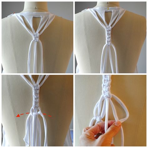 T Shirt Weaving Tutorial, Macrame Shirt Diy, Tshirt Halter Diy, T Shirt Halter Top Diy, Halter Top Diy Tee Shirts, How To Turn T Shirt Into Halter Top, Diy Backless Shirt, Diy Shirt Cutouts, Make Halter Top From Tshirt