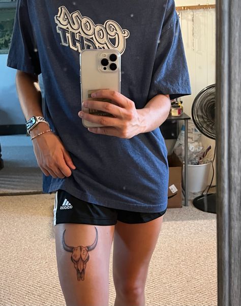 Longhorn Bicep Tattoo, Longhorn Tattoo On Thigh, Cow Skull Tattoo On Thigh, Small Longhorn Skull Tattoo, Bull Skull Tattoo Under Knee, Bull Skull Tattoo Thigh, Cow Skull Sleeve Tattoo, Bull Skull Leg Tattoo, Bull Skull Knee Tattoo