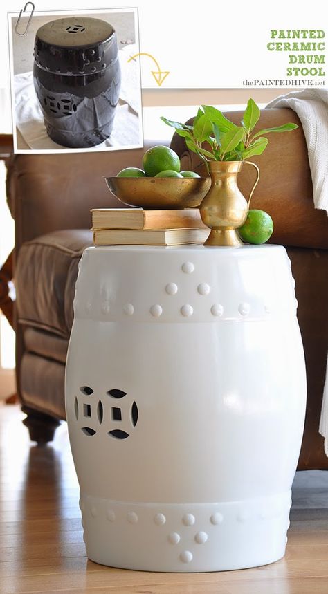 FOCAL POINT STYLING: 15 INSPIRATIONS FOR DECORATING WITH GARDEN STOOLS Stool Makeover, Grandmillenial Style, Garden Stools, Ceramic Garden Stools, Diy Interior Decor, Ceramic Stool, Painting Countertops, Diy Boho Decor, Interior Painting