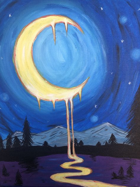 Melting Moon Painting, Serialism Paintings, Easy Painting Ideas On Canvas Night Sky, Symbolic Paintings Ideas, Trippy Moon Painting, Surreal Art Easy, Dreamscape Drawing, Opposite Art Ideas, Easy Surrealism Art