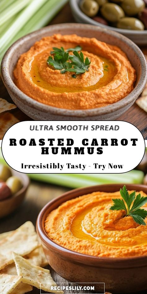 I love indulging in this ultra smooth roasted carrot hummus! It’s perfectly creamy with a delightful sweetness from the carrots. Perfect as a dip with crackers or veggies, it’s a healthy and tasty snack option I can’t get enough of. Try it today and experience the deliciousness! Healthy Vegetarian Snack Recipes, Carrot Appetizers, Carrot Crackers, Carrot Hummus Recipe, Carrots And Hummus, Roasted Carrot Hummus, Hummus Crackers, Dip With Crackers, Veggie Hummus