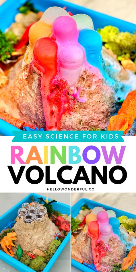 Science Experiments Volcano, Rainbow Volcano Science Experiments, Preschool Volcano Experiment, Kids Volcano Projects, Homemade Volcano Projects, Make A Volcano Kids, Underwater Volcano Experiment, Baking Soda Volcano For Kids, Volcano Experiment For Preschool