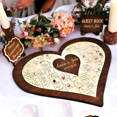 Puzzle Guest Book Wedding, Guest Book Unique, Puzzle Wedding, Puzzle Guest Book, Heart Guest Book, Wedding Puzzle, Wood Guest Book Wedding, Charming Wedding, Guest Book Wedding