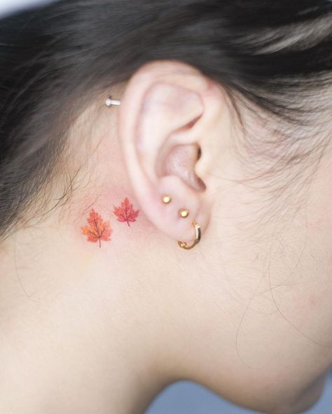 https://www.instagram.com/p/CHMkCunhFP_/?igshid=1m766gzymuzu2 Leaf Tattoo Behind Ear, Fall Theme Tattoo, Falling Leaves Tattoo, Autumn Leaf Tattoo, Fall Leaf Tattoo, Autumn Tattoo Ideas, Autumn Leaves Tattoo, Autumn Tattoos, Maple Leaf Tattoos