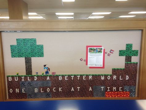 Minecraft bulletin board - build a better world Minecraft Themed Classroom, Minecraft Bulletin Board, Minecraft Classroom, Room Parent, Library Bulletin Board, Ra Boards, Ra Bulletin Boards, Lego Board, Red Ribbon Week