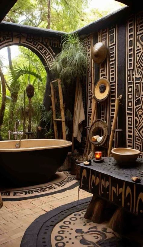 Indonesian Decor Interiors, Afrocentric Home Decor Interior Ideas, African Luxury Homes, African Bathroom Ideas, Nigerian Home Decor, African Inspired Interior Design, African Bathroom Decor Ideas, African Homestead, African House Decor