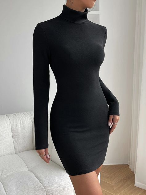 SHEIN Unity Solid Turtleneck Bodycon Dress | SHEIN EUR Turtle Neck Bodycon Dress, Short Black Turtleneck Dress, Elegant Bodycon Turtleneck Mini Dress, Chic Turtleneck Bodycon Mini Dress, Ribbed Turtleneck Bodycon Dress, Black Ribbed High-neck Bodycon Dress, Neck Bodycon Dress, Dress P, Halloween Costumes