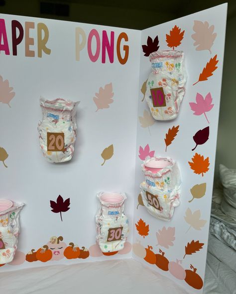 Diaper Pong for my fall-themed baby shower! 🩷🍼🧷🍁 . #handmadexhan #diaperpong #babyshowerdecor #fallthemebabyshower #babygirlbabyshower @cricut @michaelsstores Diaper Pong Board, Diaper Pong, Diaper Party, Shower Decor, Autumn Theme, Baby Shower Themes, Baby Shower Decorations, Shower Ideas, Decorating Ideas