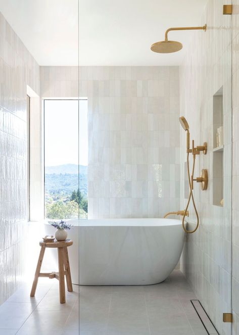 Freestanding Bathtub In Small Bathroom, Bathroom With Freestanding Bathtub, Free Standing Tub Bathroom, Free Standing Tub Shower Combo, Freestanding Tubs In Master Bath, Freestanding Bathtub Shower Combo, Wet Bathroom Ideas, Stand Alone Bath Tub, Primary Bathroom Remodel