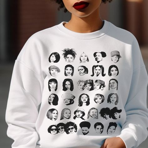 This adult unisex sweatshirt pays homage to female rappers. Whether it's old or new school over 20 well-known faces of hip-hop influencers are included. It's a soft top that offers a comfortable and loose feel. The material is 50% cotton and 50% polyester; however, fabric content may vary based on the color sweatshirt you select. Available in multiple sizes and several bright and neutral colors. Check the included measurement chart for just the right fit. An excellent gift for fans of rap music 2000 Hip Hop Fashion Women, 2000 Hip Hop Fashion, Hip Hop Style College Sweatshirt, Cheap Women's Hip Hop Sweatshirt, Cheap Hip Hop Sweatshirt, Cotton Hip Hop Crew Sweatshirt, 2000 Hip Hop, Black Hip Hop Sweatshirt With Screen Print, Black Feminism