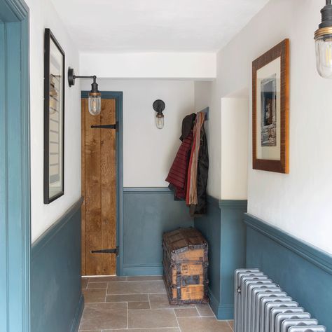 Hallway colour schemes – 26 ways to make a grand entrance | Ideal Home Blue And White Hallway Ideas, Hallway Ideas Two Colours, Cottage Hallway Colours, Half Wall Dado Rail, Panelled Hallway Colour Ideas, Bright Coloured Hallway Ideas, Hallway Split Colour, Color Wainscoting Ideas, Blue Green Hallway