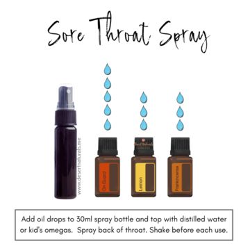 Sore Throat Essential Oils, Sore Throat Spray, Oils For Sore Throat, Doterra Oils Recipes, Scratchy Throat, Throat Spray, Doterra Essential Oils Recipes, Essential Oil Diffuser Blends Recipes, Essential Oil Remedy