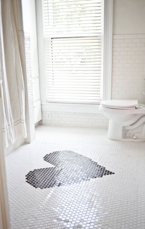 Crisp and clean white bathroom redo with subway tiles and a heart // ABM bathroom makeover! Mosaic Bathroom Floor, Mosaic Tile Bathroom Floor, Penny Tiles Bathroom, Penny Tile, Toilet Sink, Mosaic Bathroom, Bathroom Floor Tiles, Tile Ideas, Bathroom Floor