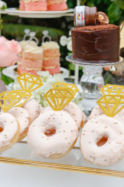 Doughnut Bridal Shower Ideas, Donuts And Diamonds Bridal Shower Ideas, Donut Themed Bridal Shower Ideas, Donut Bachelorette Party, Bridal Shower Donuts Ideas, Pop The Champagne Bridal Shower Ideas, Donut Bridal Shower Ideas, Bachelorette Dessert Ideas, Bridal Shower Champagne Theme