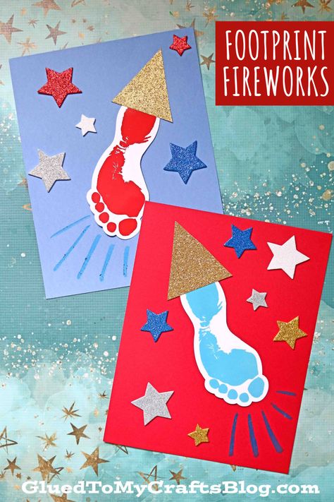 New Year Art Projects For Toddlers, Infant Fourth Of July Art, 4 Of July Crafts For Preschoolers, Firework Footprint Art, 4th Of July Art For Infants, Footprint Fireworks, Baby Firework Craft, Firework Crafts For Toddlers, 4th Of July Crafts For Infants