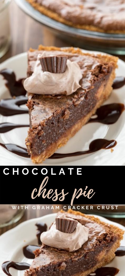 This delicious and rich Chocolate Chess Pie has a graham cracker crust for a new twist! The crust is thick and crunchy and the filling is rich, chocolatey, and fudgy. It's the perfect pie for any occasion! Chocolate Chess Pie Recipe Easy, Chocolate Chess Pie Recipe, Pie With Graham Cracker Crust, Chess Pie Recipe, Chocolate Chess Pie, Graham Cracker Recipes, Favorite Pie Recipes, Fudge Pie, Crazy For Crust