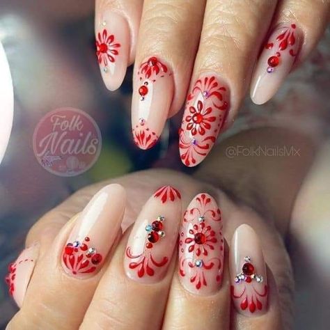 Latin Nail Art, Red Nails Mexican, Mexican Inspired Nail Art, Red Mexican Nails, Papel Picado Nails, Folk Art Nails, Folk Nails, Mexican Inspired Nails Mexico, Spanish Tile Nails