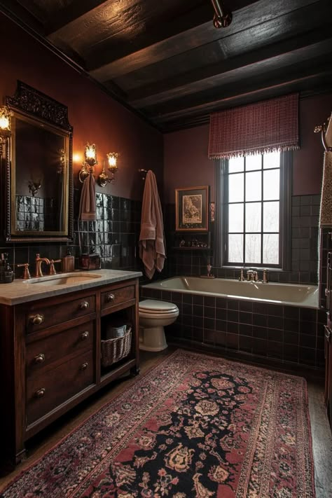 dark academia bathroom Dark Vintage House Aesthetic, Luxury Gothic Home Decor, Dark Academia Aesthetic Home Interior, Dark Asthetics House, Vintage Dark Bathroom, Dark Brown Bathroom Decor, Dark Maximalist Bathroom, Southern Gothic Home Aesthetic, Moody Teal Bathroom