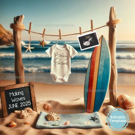 Surfer Baby Announcement Digital Gender Neutral Surf Pregnancy Reveal Social Media Surfboard Beach Baby Reveal Surfing Gifts Parents To Be Surfing Baby Shower Ideas, Surfer Baby Shower Ideas, Baby Shower Beach Theme, Beach Gender Reveal, Beach Baby Announcement, Surfer Baby Shower, Surfing Gifts, Ivf Pregnancy Announcement, Baby Announcement Digital