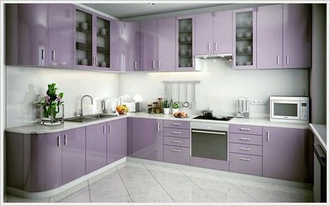 Purple Kitchen Cabinets, Purple Kitchen Designs, Lilac Kitchen, Lavender Kitchen, Kitchen Colour Combination, Purple Kitchen, Kitchen Colour Schemes, Kitchen Cabinets Decor, Kitchen Cabinets Makeover