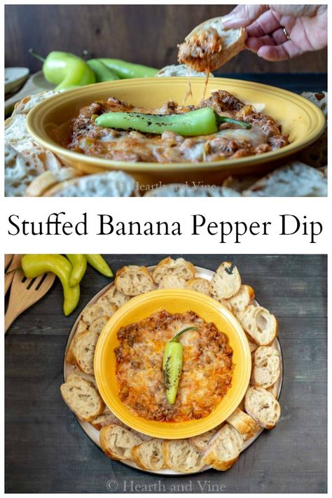 A desconstructed appetizer, this stuffed banana pepper dip is spicy and cheesy. Perfect finger food for any party. #fingerfood #partyfood #Italian #diprecipe Stuffed Banana Pepper Dip, Banana Pepper Dip, Pepper Dip Recipe, Recipes With Banana Peppers, Hot Banana Peppers, Restaurant Appetizers, Stuffed Pepper Dip, Hot Italian Sausage, Sweet Italian Sausage